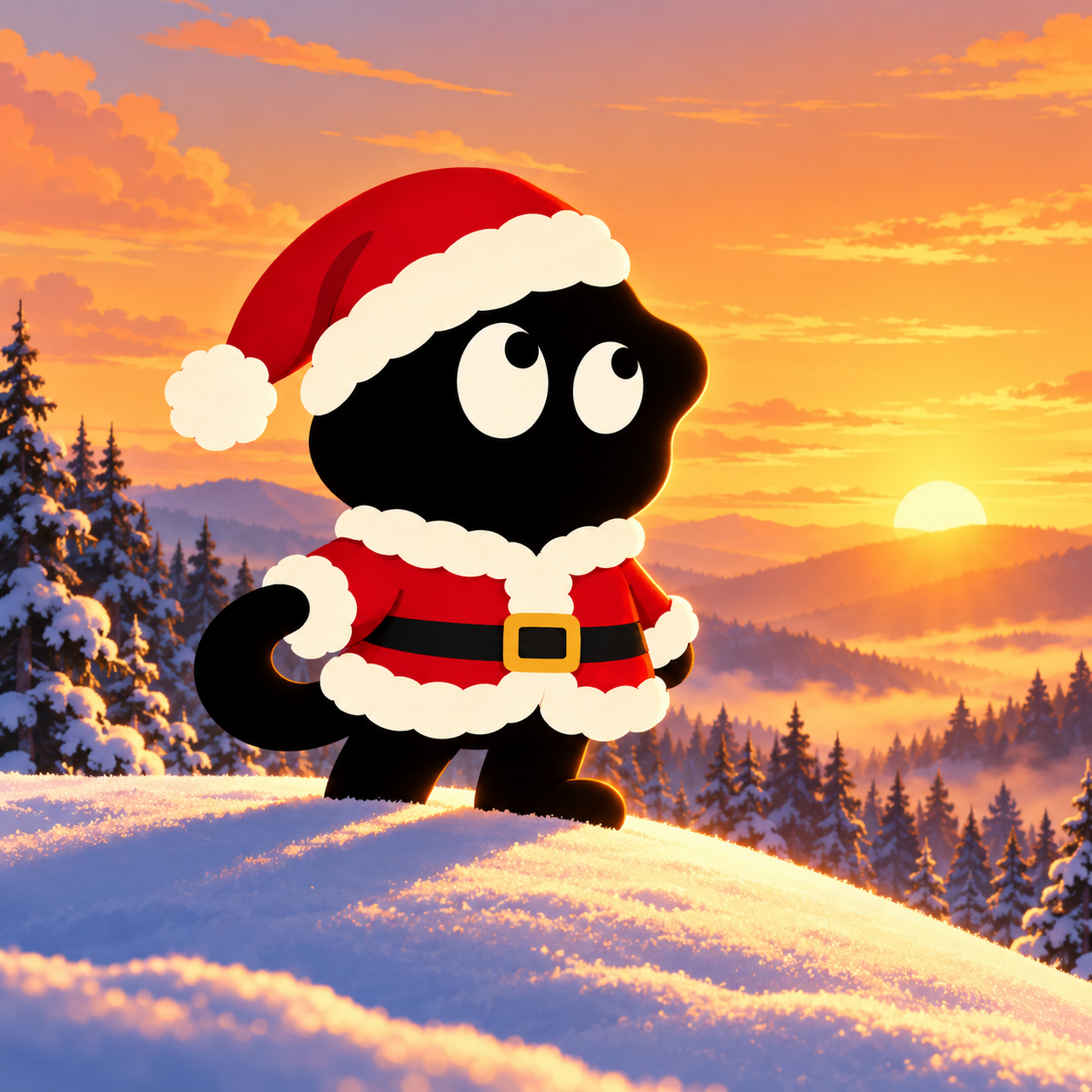 Sclaus welcoming the dawn from a snowy hill