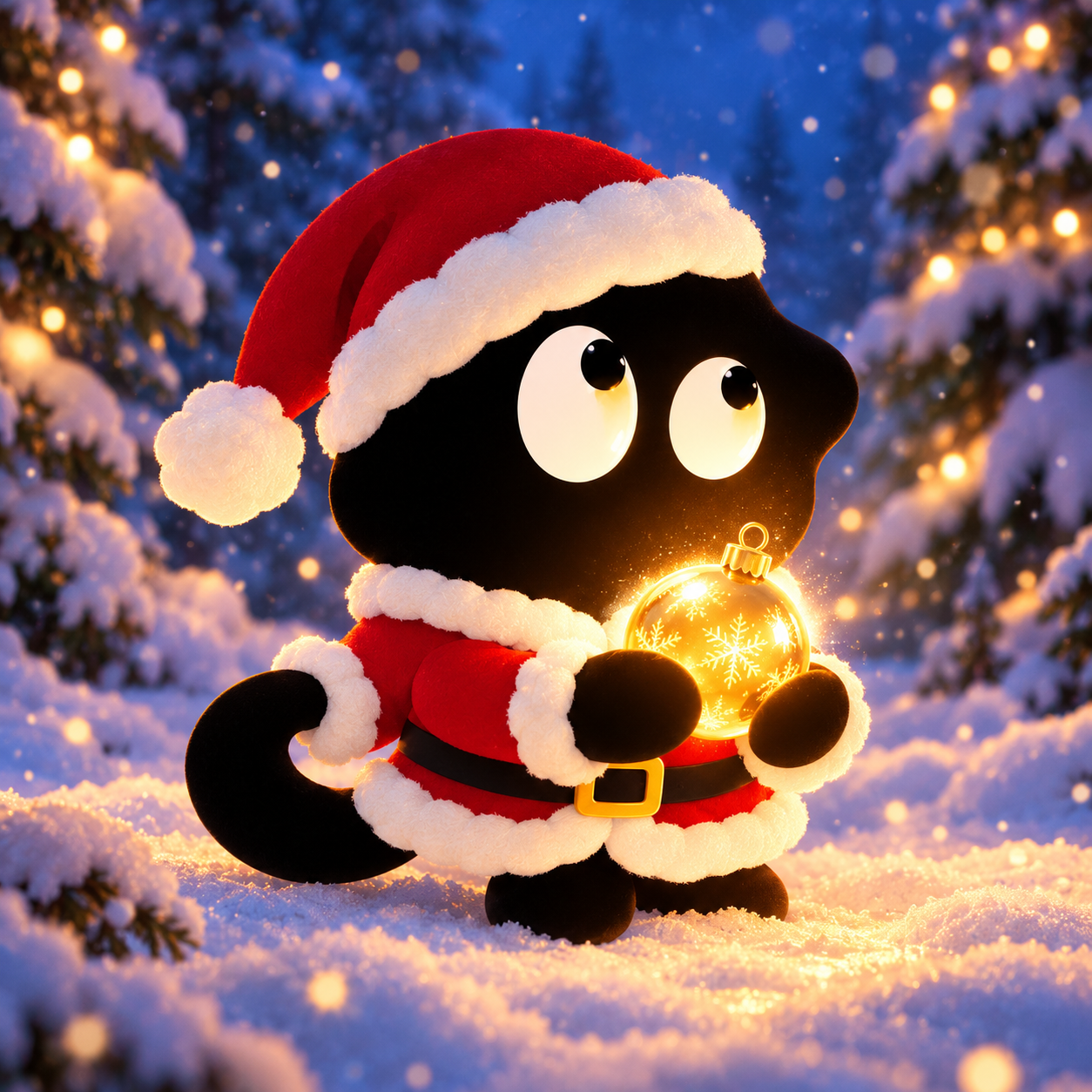 Sclaus bringing gifts to a warmly lit snowy doorway