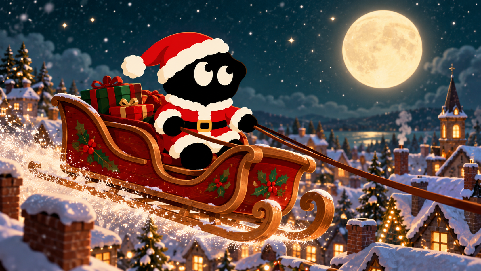 Sclaus riding a wooden sleigh over snowy rooftops