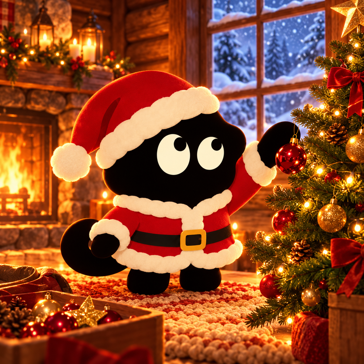 Sclaus decorating a lit Christmas tree in a cozy cabin